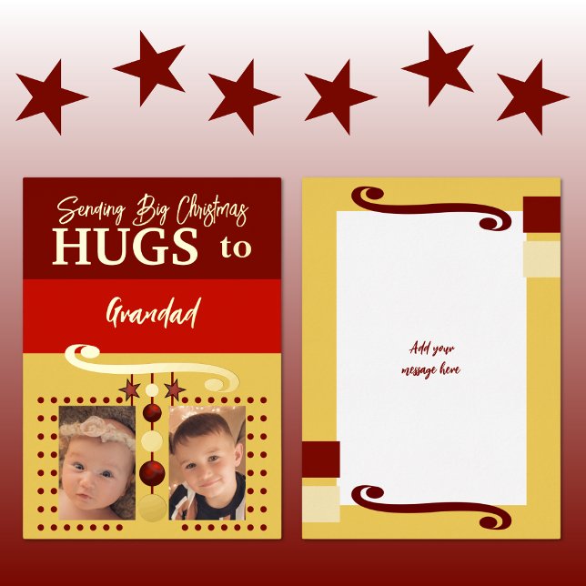 Christmas hugs grandad add photos gold burgundy foil holiday card (Creator Uploaded)