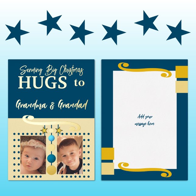Christmas hugs Grandparents add photos gold blue Foil Holiday Card (Creator Uploaded)