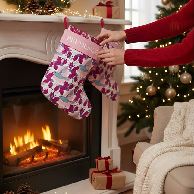 Christmas Hummingbird Holiday  Large Christmas Stocking (Festive hummingbird stocking with holly and berries, customizable for holiday charm)