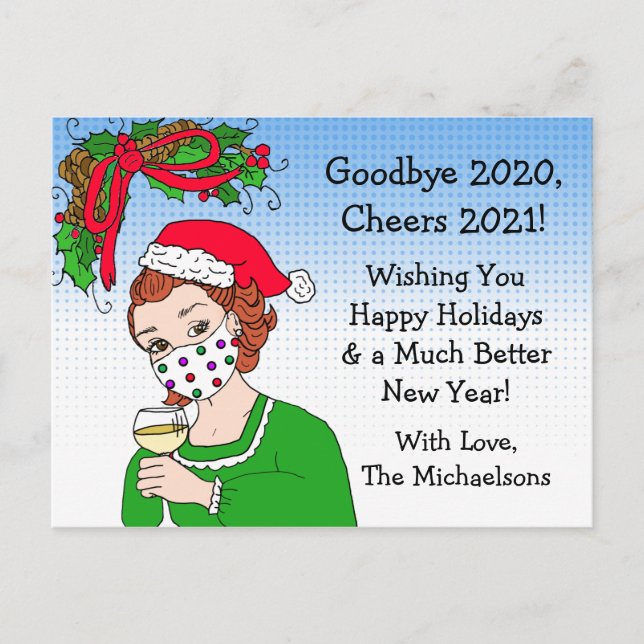 Christmas Humor Funny Retro Lady Toasting Postcard (Front)