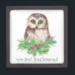 Christmas Humour Quote Cute Owl Bird Keepsake Box<br><div class="desc">Woo Hoo it's Christmas! Humour quote watercolor Owl bird art</div>