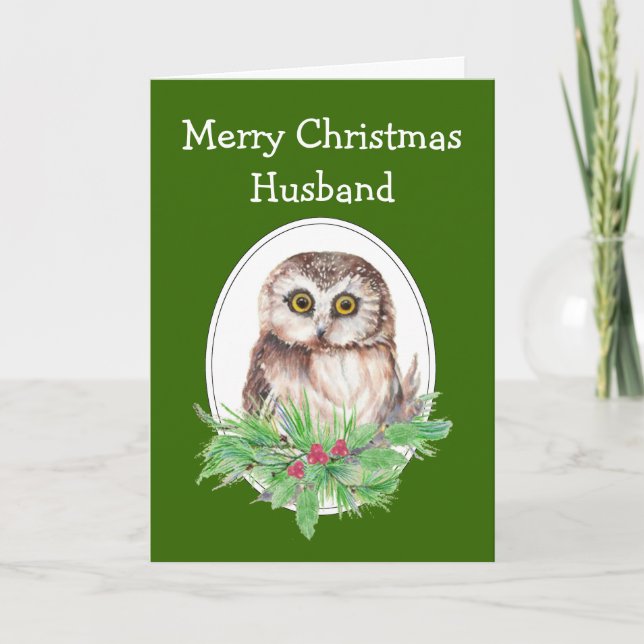 Christmas Husband Cute Owl Bird Holly PIne Holiday Card (Front)