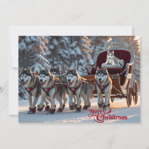 Christmas Huskies Pulling Sleigh Personalized Holiday Card