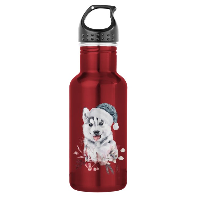 Christmas Husky Dog in a Santa Hat 532 Ml Water Bottle (Front)