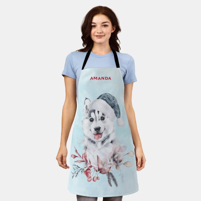 Christmas Husky Dog in a Santa Hat Apron (Worn)