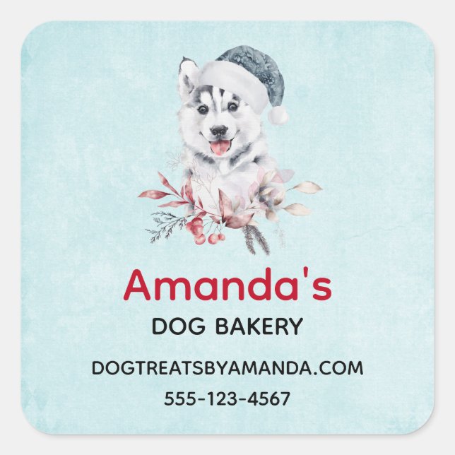 Christmas Husky Dog in a Santa Hat Business Square Sticker (Front)