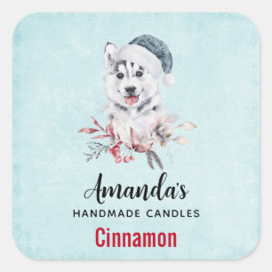 Christmas Husky Dog in a Santa Hat Candle Business Square Sticker