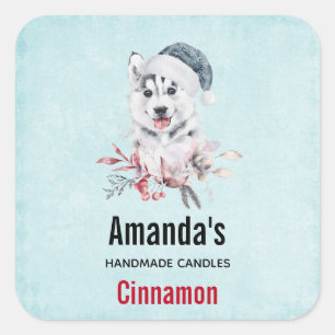Christmas Husky Dog in a Santa Hat Candle Business Square Sticker