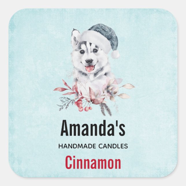 Christmas Husky Dog in a Santa Hat Candle Business Square Sticker (Front)