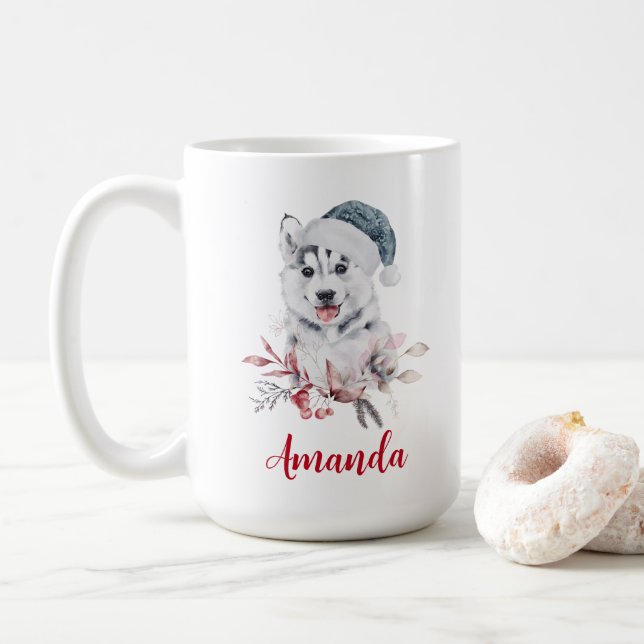 Christmas Husky Dog in a Santa Hat Coffee Mug (With Donut)