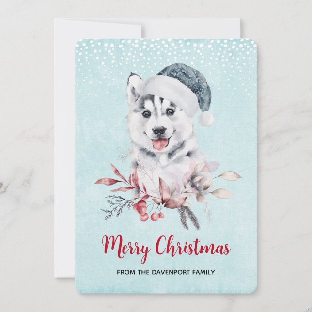 Christmas Husky Dog in a Santa Hat Holiday Card (Front)