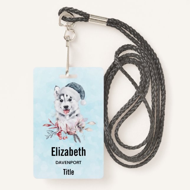 Christmas Husky Dog in a Santa Hat ID Badge (Front with Lanyard)