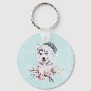 Christmas Husky Dog in a Santa Hat Key Ring
