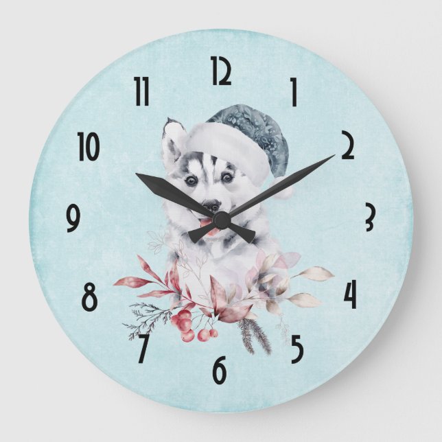 Christmas Husky Dog in a Santa Hat Large Clock (Front)
