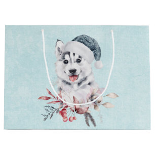 Christmas Husky Dog in a Santa Hat Large Gift Bag