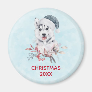 Christmas Husky Dog in a Santa Hat Magnet