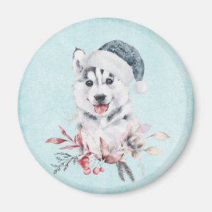 Christmas Husky Dog in a Santa Hat Magnet