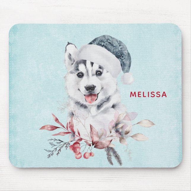 Christmas Husky Dog in a Santa Hat Mouse Mat (Front)