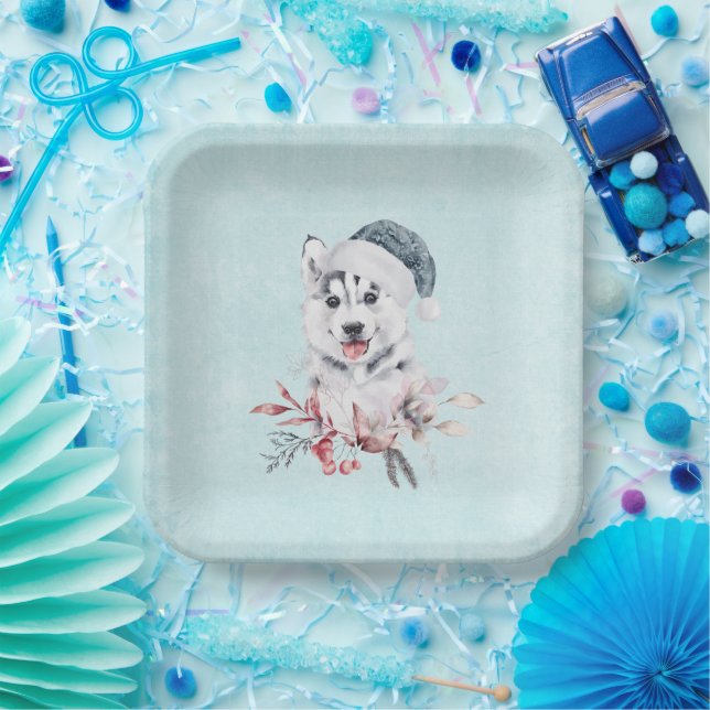 Christmas Husky Dog in a Santa Hat Paper Plate (Party)