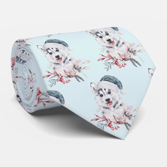 Christmas Husky Dog in a Santa Hat Patterned Tie (Rolled)
