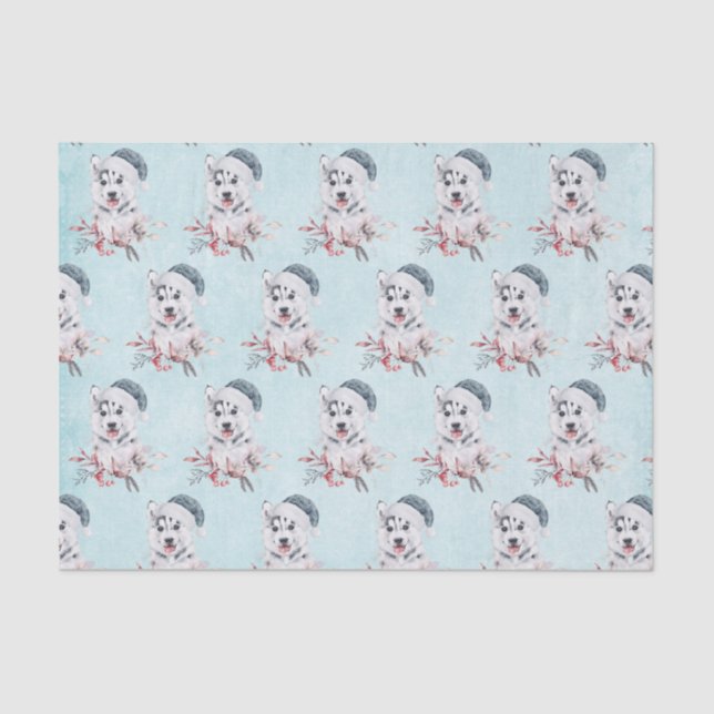 Christmas Husky Dog in a Santa Hat Patterned Tissue Paper (Front)