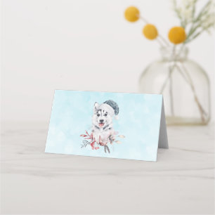 Christmas Husky Dog in a Santa Hat Place Card
