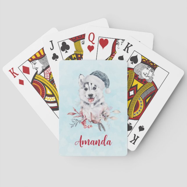 Christmas Husky Dog in a Santa Hat Playing Cards (Back)