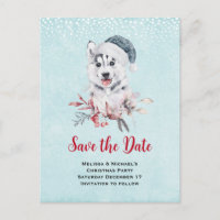 Christmas Husky Dog in a Santa Hat Save the Date