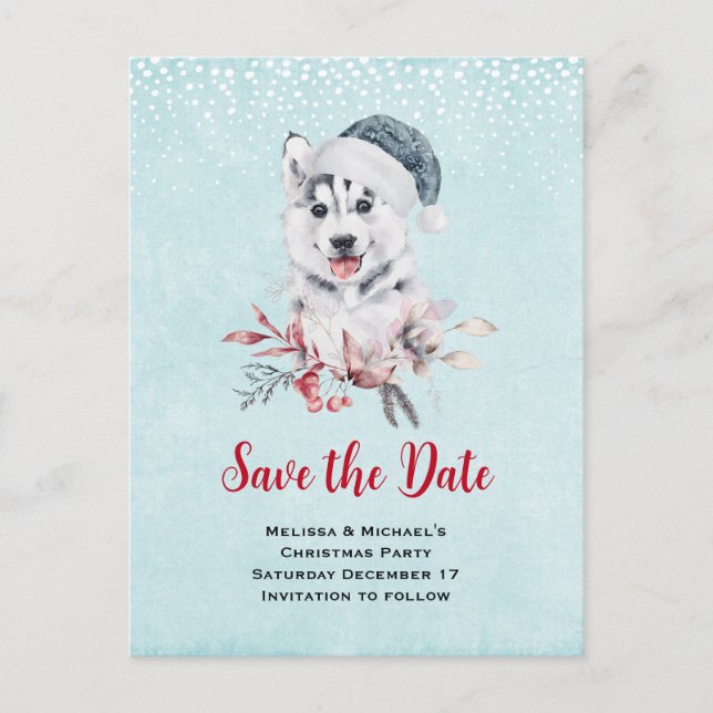 Christmas Husky Dog in a Santa Hat Save the Date Invitation Postcard (Front)