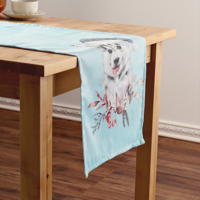 Christmas Husky Dog in a Santa Hat Short Table Runner (In Situ)