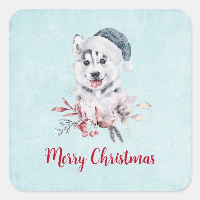 Christmas Husky Dog in a Santa Hat Square Sticker (Front)