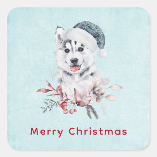 Christmas Husky Dog in a Santa Hat Square Sticker