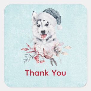 Christmas Husky Dog in a Santa Hat Square Sticker