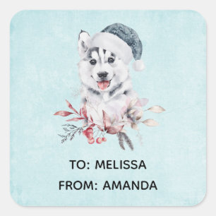 Christmas Husky Dog in a Santa Hat Square Sticker