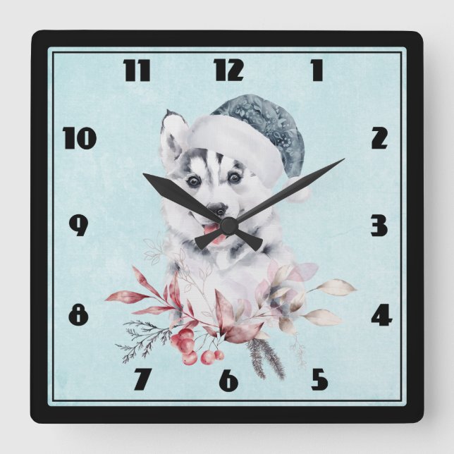 Christmas Husky Dog in a Santa Hat Square Wall Clock (Front)