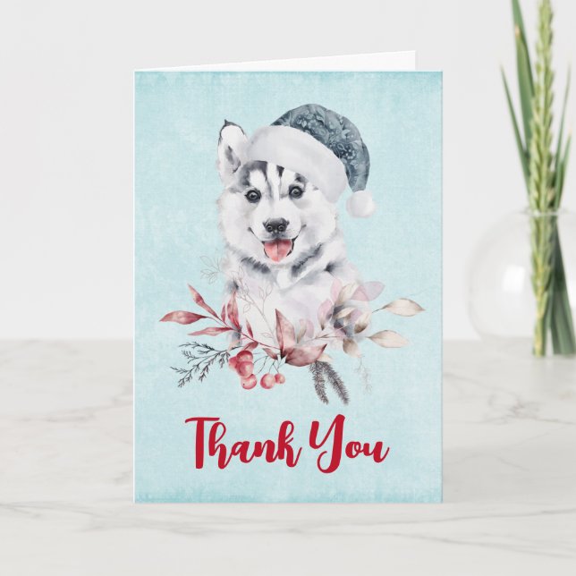 Christmas Husky Dog in a Santa Hat Thank You Card (Front)