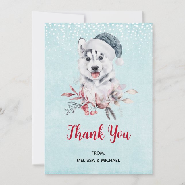 Christmas Husky Dog in a Santa Hat Thank You Card (Front)