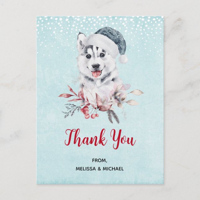 Christmas Husky Dog in a Santa Hat Thank You Postcard (Front)