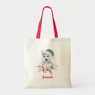 Christmas Husky Dog in a Santa Hat Tote Bag