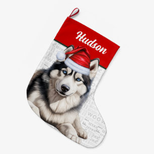 Christmas Husky Dog with Name Woof Background Large Christmas Stocking