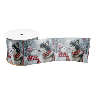 Christmas Husky Dog With Snowman Satin Ribbon