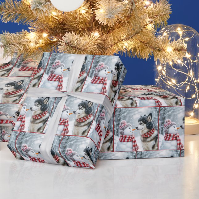 Christmas Husky Dog With Snowman Wrapping Paper (Holidays)