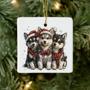 Christmas Husky Dogs Ceramic Ornament