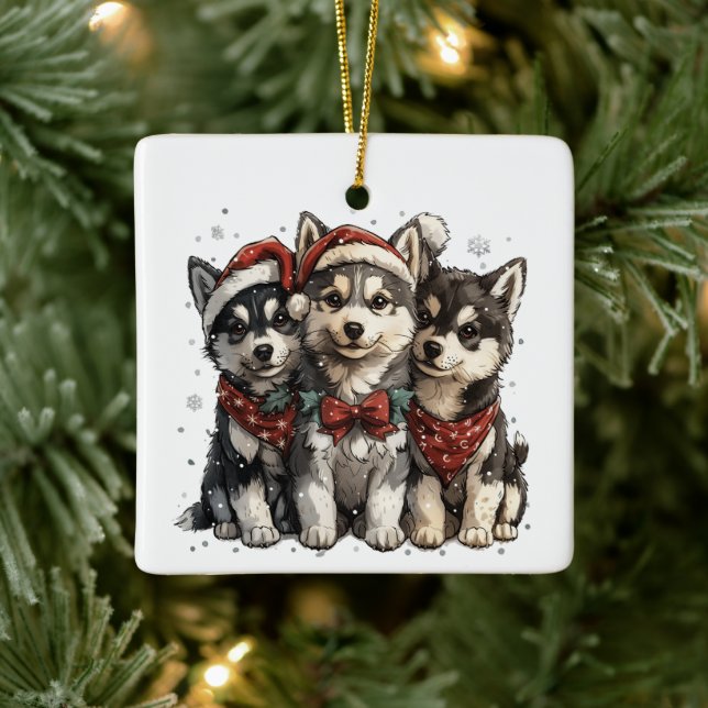 Christmas Husky Dogs Ceramic Ornament (Tree)