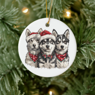 Christmas Husky Dogs Ceramic Tree Decoration