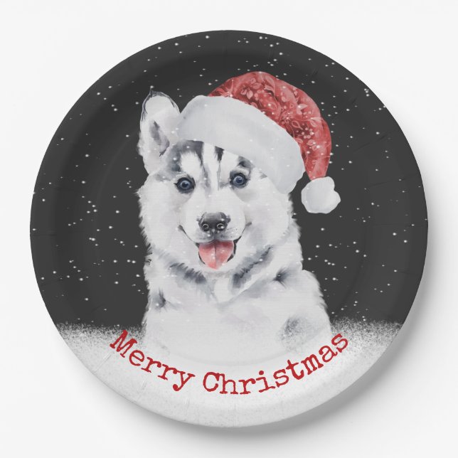 Christmas Husky In Snowflakes Card Paper Plate (Front)