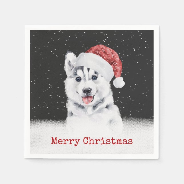 Christmas Husky In Snowflakes Card Paper Plate Napkin (Front)