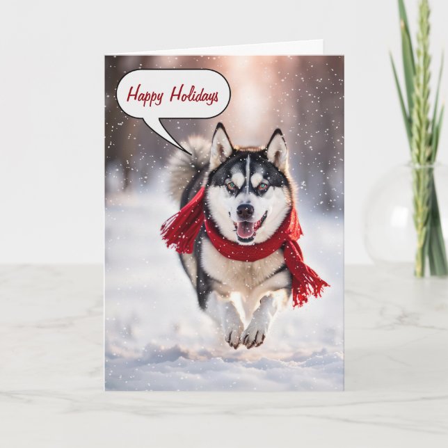 Christmas Husky In Snowflakes Holiday Card (Front)