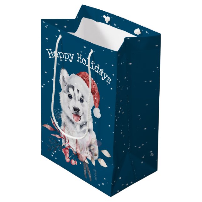 Christmas Husky On Blue Medium Gift Bag (Front Angled)