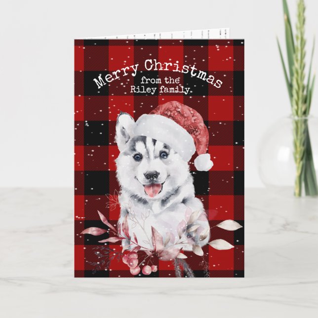 Christmas Husky On Buffalo Plaid  Card (Front)